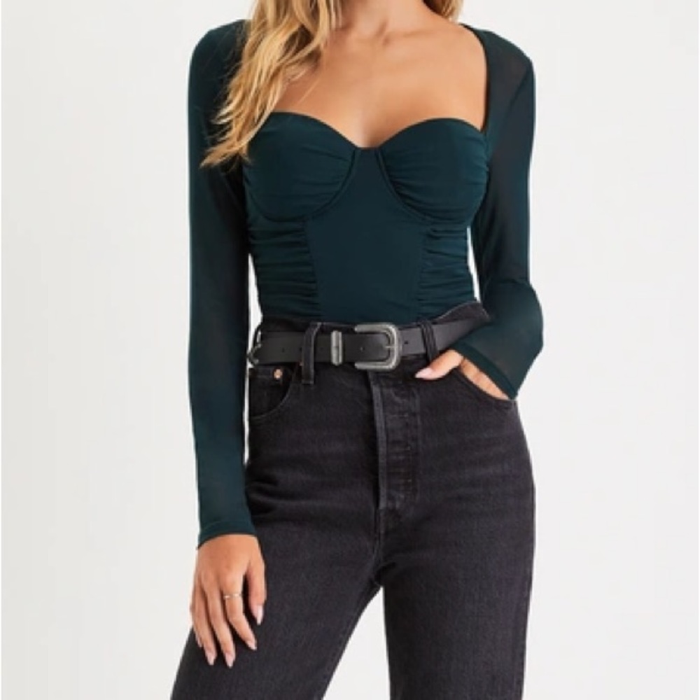 NWT Lulus dark, green mesh bustier long sleeve crop top S